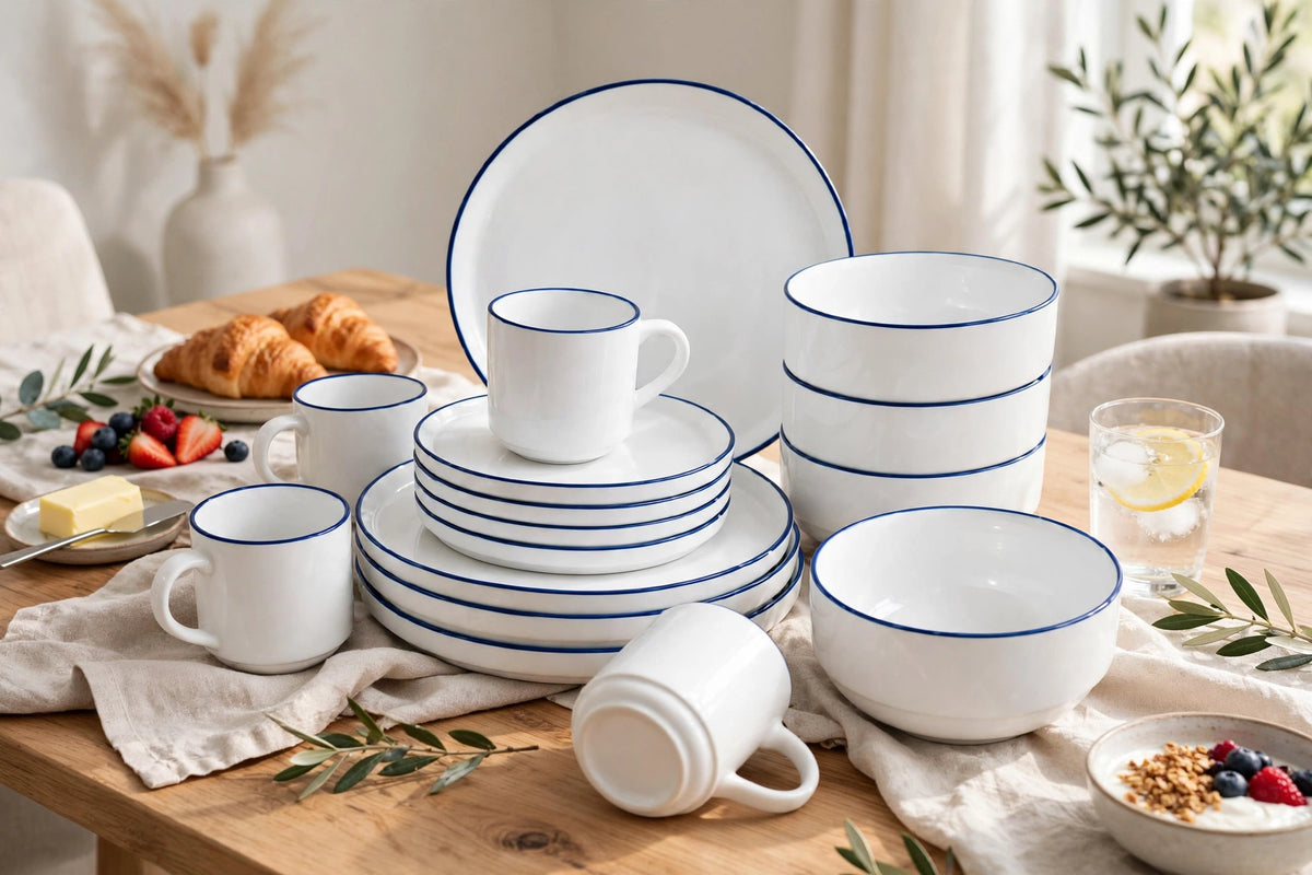 16 Pcs White & Blue Rim Ceramic Dinner Set - For 4 - Plates, Bowls, Mugs | DMG Baronyx