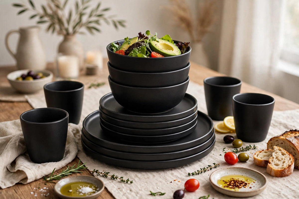 16 Pcs Matte Black Ceramic Dinner Set - 4 Plates, 4 Bowls, 4 Mugs, 4 Small Plates | DMG Baronyx