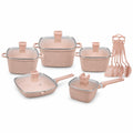 10PCS Nordic White Ceramic Non-Stick Cookware Set with Wooden Handle - 5 Pots + Lids - Aesthetic Granite Pot Set for Modern Kitchen