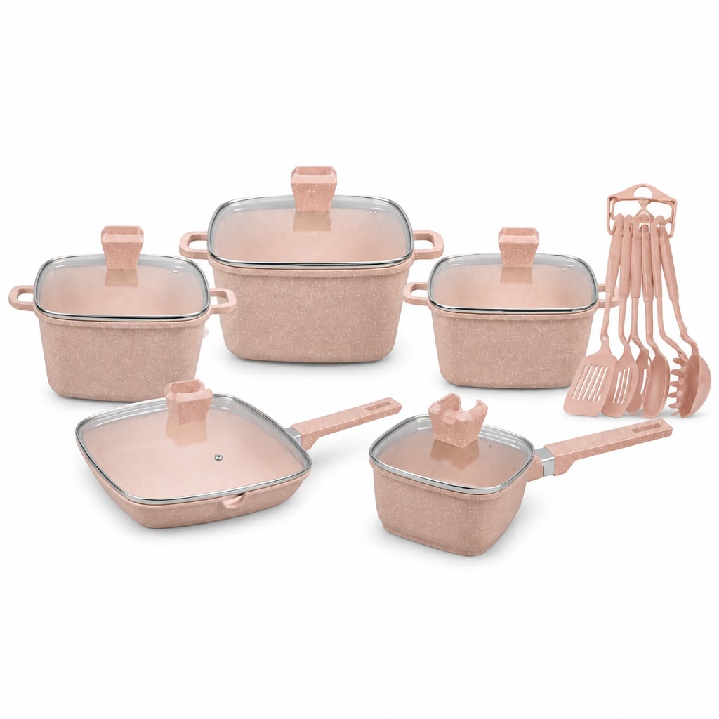 10PCS Nordic White Ceramic Non-Stick Cookware Set with Wooden Handle - 5 Pots + Lids - Aesthetic Granite Pot Set for Modern Kitchen
