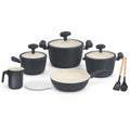 12PCS Ceramic Non-Stick Cookware Set - Matte Black with Cream Interior - 3 Pots + Wok + Milk Pot + Utensils