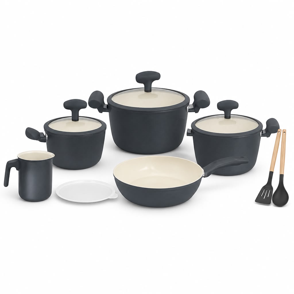 12PCS Ceramic Non-Stick Cookware Set - Matte Black with Cream Interior - 3 Pots + Wok + Milk Pot + Utensils