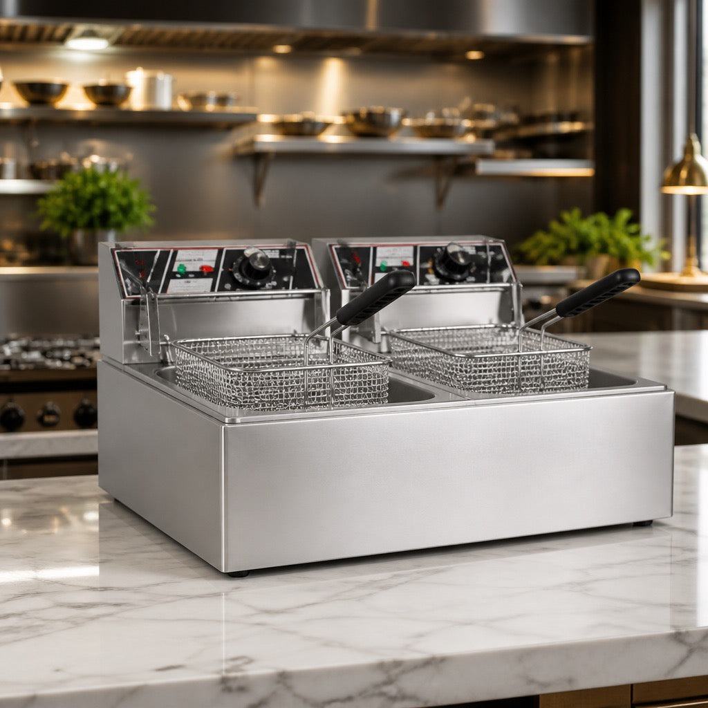 Commercial Double Deep Fryer 12L (6L + 6L) - Electric Stainless Steel Fryer with 2 Baskets - For Home, Restaurant, Fast Food