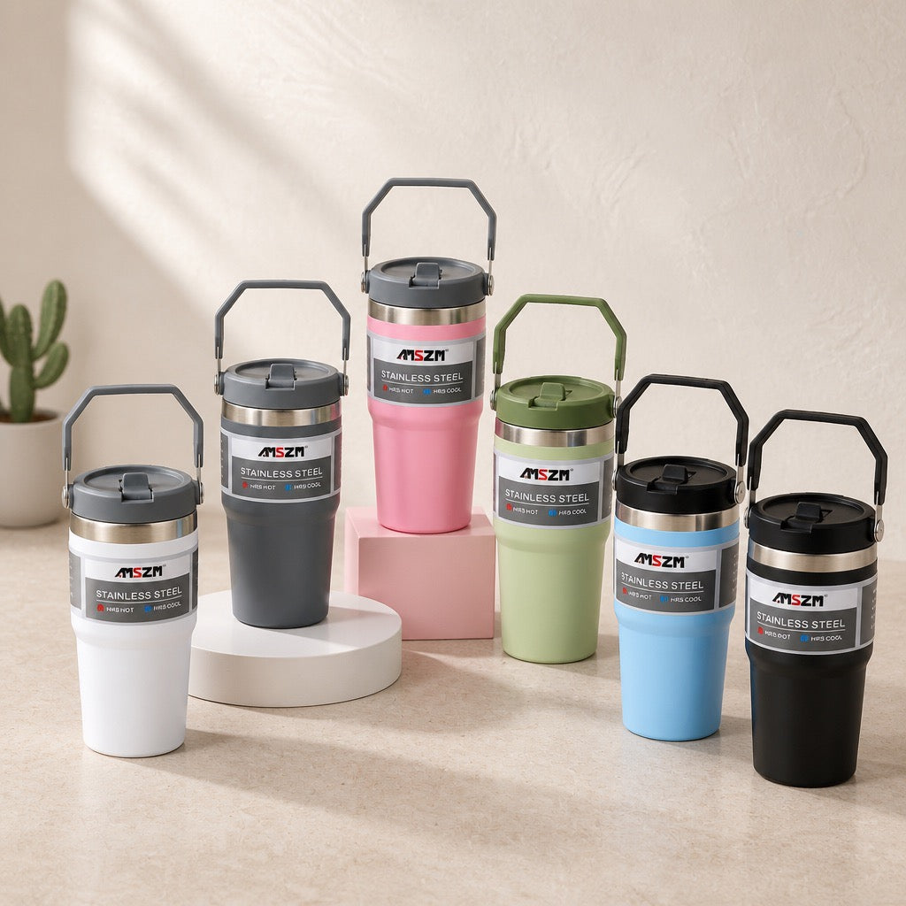 MSZM 700ml Vacuum Cup with Top Carry Handle & Leak-Proof Lid - 8Hrs Hot & 8Hrs Cold