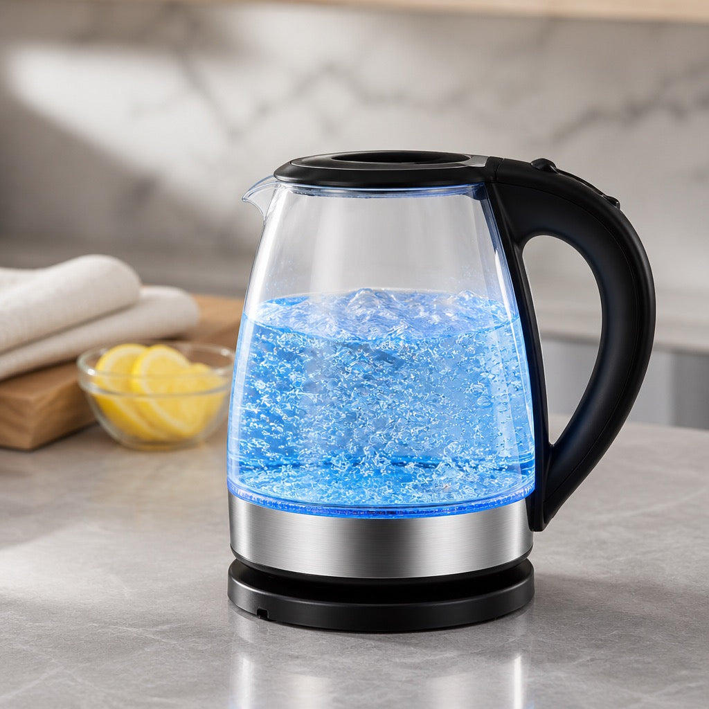 2.0L Glass Electric Kettle with Blue LED Light - Fast Boiling, Auto Shut-Off - Black