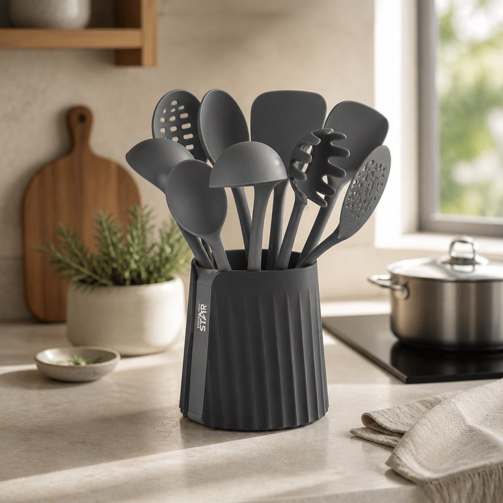 Title: STAR 8pcs Silicone Cooking Spoon Set with Holder - Non-Stick, Heat Resistant - Grey