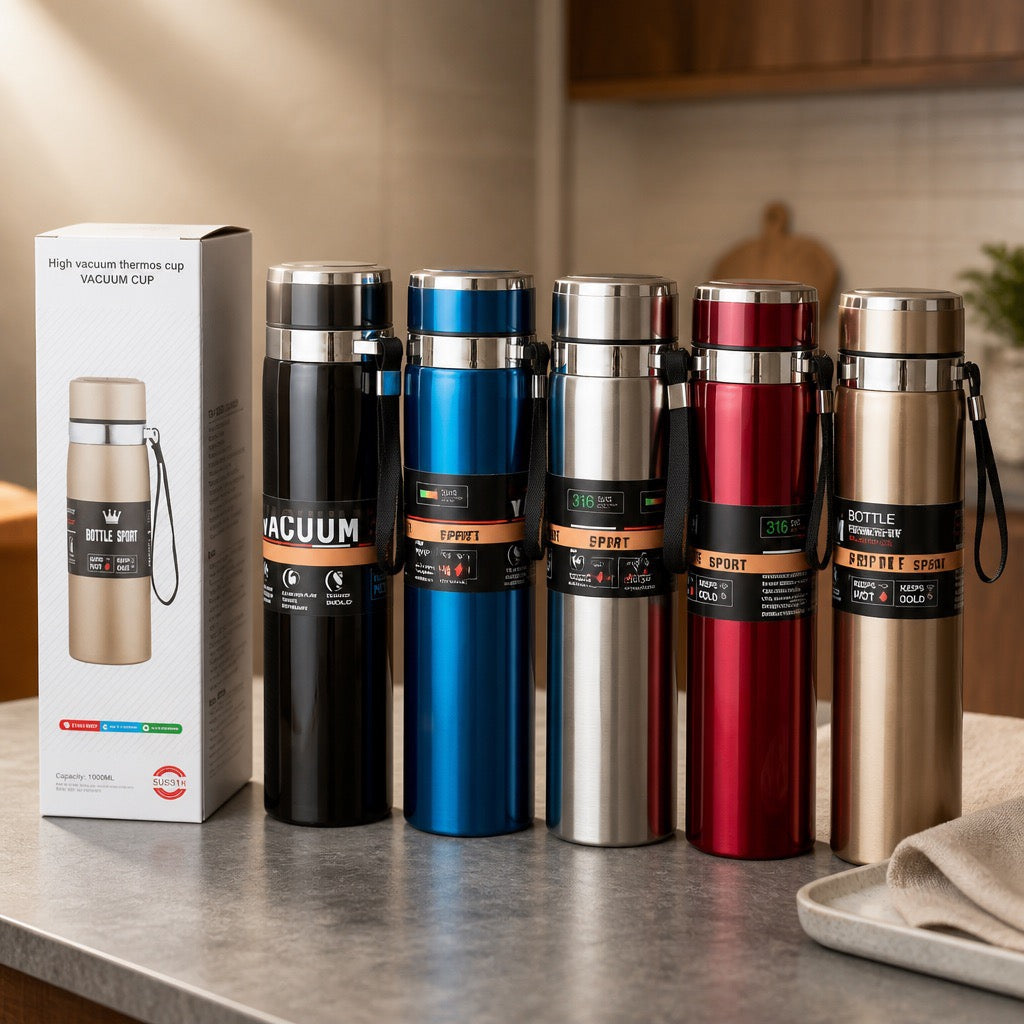 High Vacuum Thermos Cup 1000ml SUS316 Stainless Steel Sport Bottle with Strap - Hot & Cold