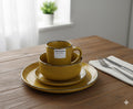 Yalu Ceramics 16-Piece Dinner Set - Service for 4 - Mustard Yellow with Silver Rim (4 Plates, 4 Bowls, 4 Saucers, 4 Mugs