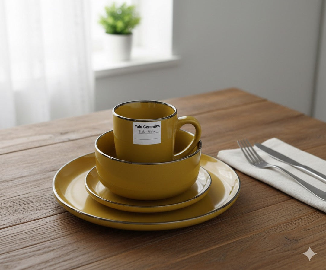 Yalu Ceramics 16-Piece Dinner Set - Service for 4 - Mustard Yellow with Silver Rim (4 Plates, 4 Bowls, 4 Saucers, 4 Mugs