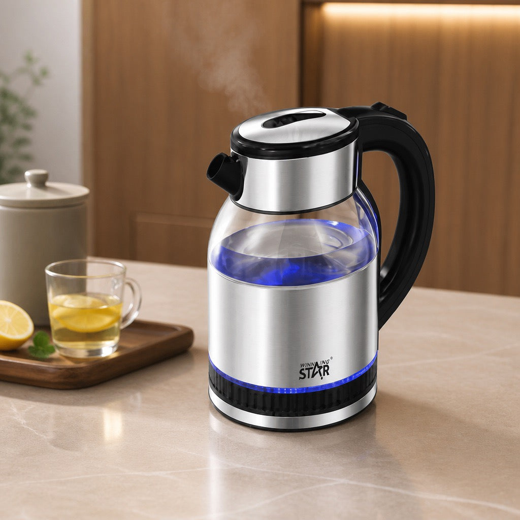 WINNING STAR 1.8L Electric Glass Kettle with Blue LED - Stainless Steel + Glass - Fast Boiling