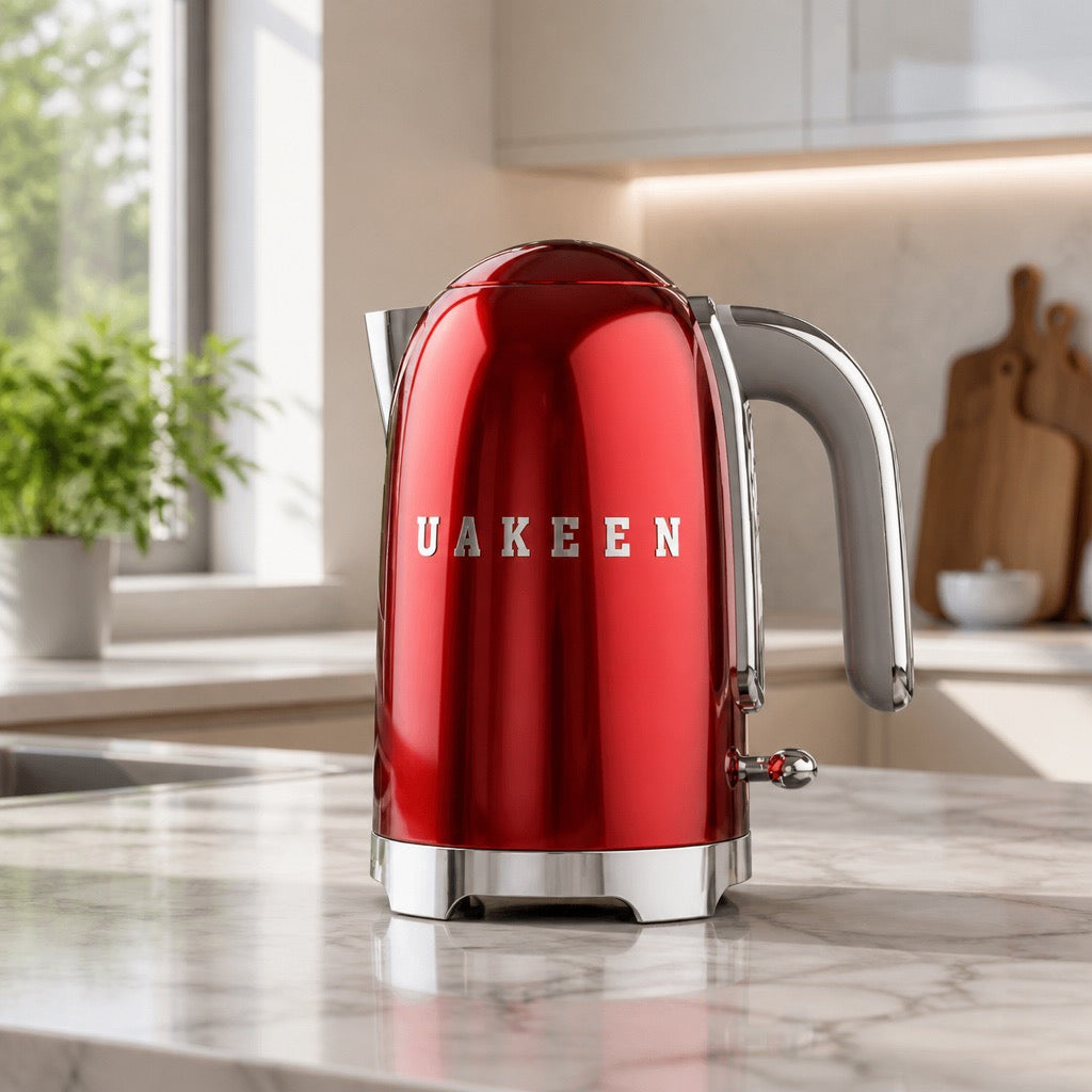UAKEEN 1.7L Retro Vintage Electric Kettle - Luxury Stainless Steel - Red - Fast Boiling