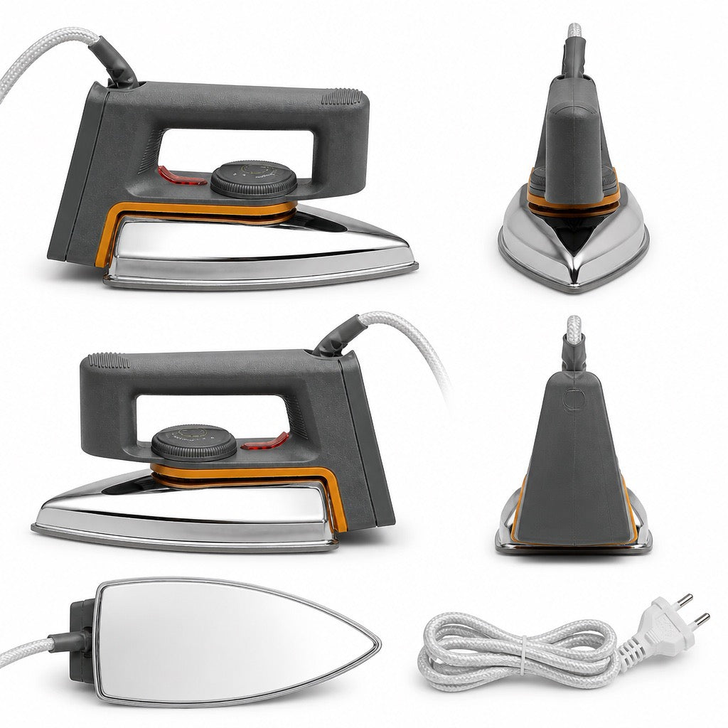Heavy Duty Dry Pressing Iron - Classic Industrial Iron - Grey/Orange - Strong & Durable